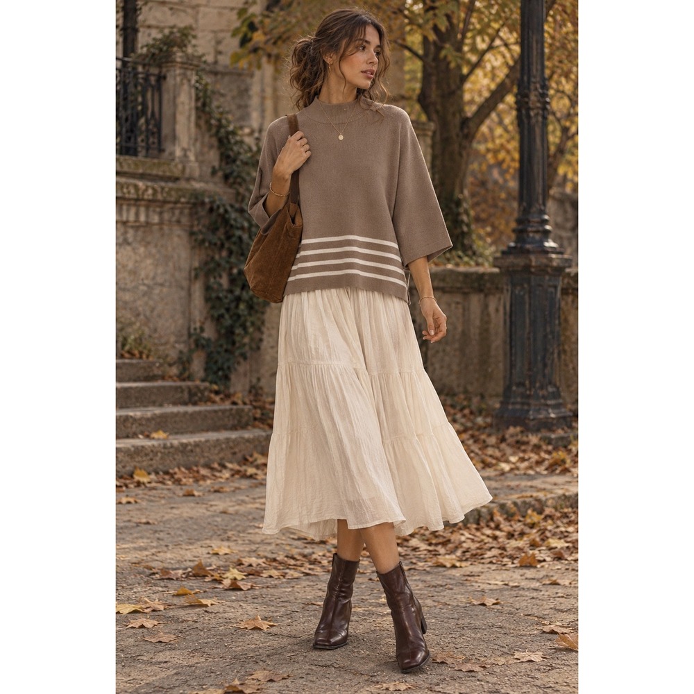 Anthropologie | Calligraphie Mock Neck Sweater Taupe Striped Boxy Minimalist L